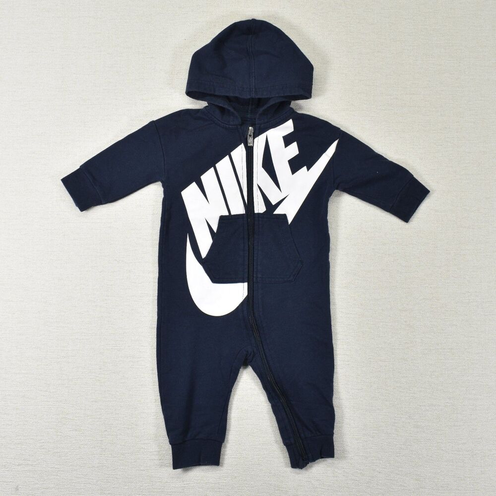 Nike Baby One Piece Romper 9M Navy Blue Hooded Jumpsuit Coverall Futura Logo